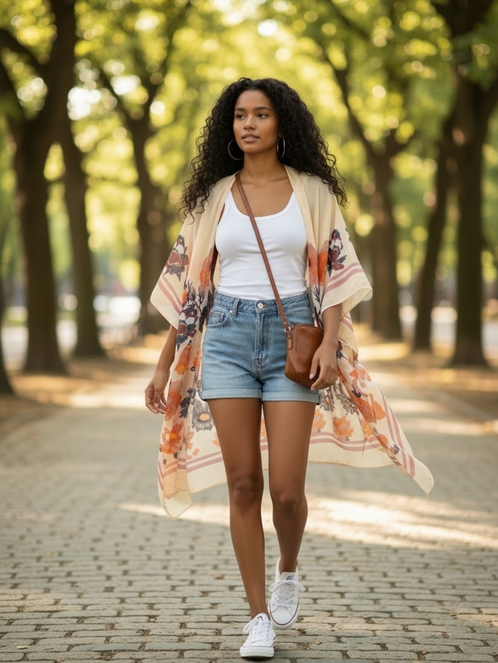 Woven Heart Cream Floral Kimono Tunic with Orange & Brown Accents